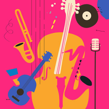 Music promotional poster with violoncello, saxophone, microphone, guitar and trombone flat vector illustration. Colorful music background, music show, live concert events, party flyer design template