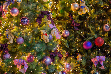 Zoom in Christmas tree with teddy bears, ornaments and fairy light. 