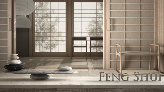 Wooden vintage table shelf with stone balance and 3d letters making the word feng shui over empty japanese tea room, tatami, futon, rice paper door, zen concept interior design