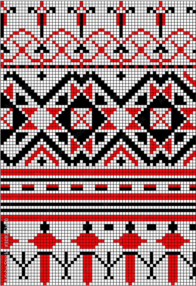 Poster vector pattern - traditional seamless repeating slavic pattern for cross stitch in red, black and wh