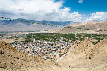 Ladakh, India - Jul 02 2019 - Beautiful scenic view from Namgyal Tsemo Monastery (Namgyal Tsemo Gompa) in Leh, Ladakh, Jammu and Kashmir, India.