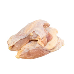 Raw chicken boneless breast chunks with skin isolated on white background.food concept for advertising