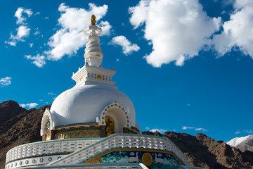 Ladakh, India - Jul 09 2019 - Shanti Stupa in Leh, Ladakh, Jammu and Kashmir, India.