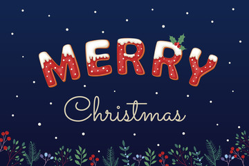 Vector illustration of a merry christmas with ginger cookies, snow, plants and holly on a dark blue background.