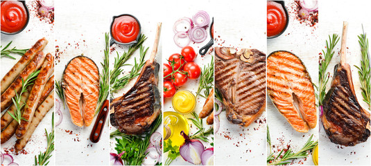 Photo banner. Photo collage, barbecue, grilled steaks and meat. On a white wooden background.