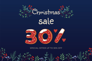 Christmas Sale -30% vector banner with gingerbread cookies and floral ornament on dark blue background.