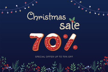 Christmas Sale -70% vector banner with gingerbread cookies, garland and floral ornament on dark blue background.