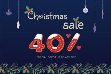 Christmas Sale -40% vector banner with gingerbread cookies, christmas decorations and floral ornament on dark blue background.