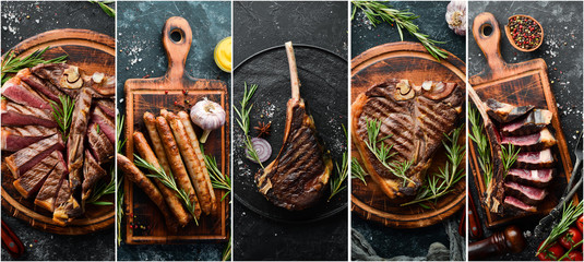 Photo banner. Photo collage, barbecue, grilled steaks and meat. On a black stone background.