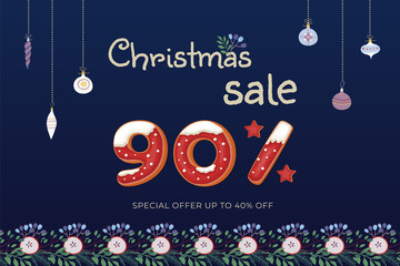 Christmas Sale -90% vector banner with gingerbread cookies, christmas decorations and floral ornament on dark blue background