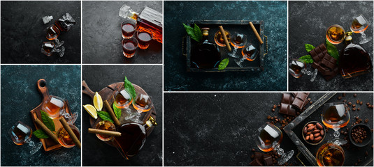 Photo banner. Photo collage with brandy bottle and glasses. On a black stone background.