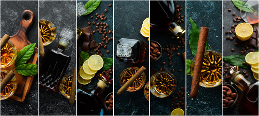 Photo banner. Photo collage with a bottle of whiskey, cigars and glasses. On a black stone background.