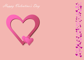 Big frame pink heart and two connected pink hearts are placed in the left side of the vector. Many small red and pink hearts are placed on the right edge of the vector.All is on a trendy red backgroun