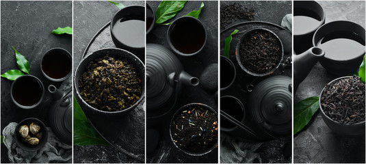 Photo banner. Photo collage, tea ceremony, tea in teapot with cups. On a black stone background.