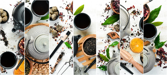 Photo banner. Photo collage, tea ceremony, tea in teapot with cups. On a white wooden background.