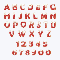 Letters and numbers in the form of cookies with icing. Winter font. Cookies with snow glaze. New Year's font