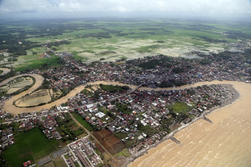 Landscape From Helicopter, Village and River