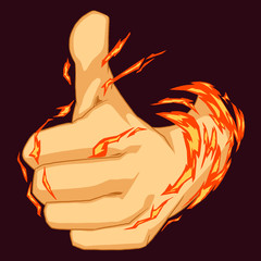 Colorful illustration of thumbs up symbol with burning fist
