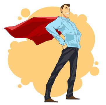 Colorful Illustration Of Successful Heroic Businessman With Red Cloak Standing In Heroic Pose