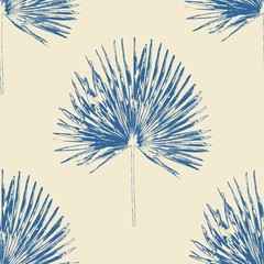 Seamless pattern, blue palm leaves on a beige background. Vector illustration.