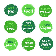 Fresh healthy organic vegan bio eco food logo labels and tags.