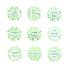 Fresh healthy organic vegan bio eco food logo labels and tags.