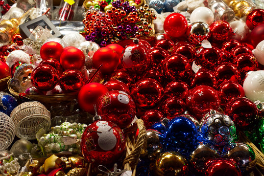 Traditional decorations for christmas tree in the markets of Saint Lucia, Bologna.