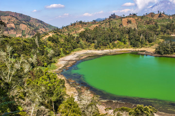 Fototapeta na wymiar beautiful landscape view of the Telaga Warna lake surrounded by trees, taken from the height area/aerial view, selectively focused