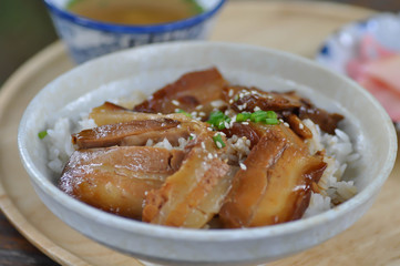 rice topped with pork or pork stew, Japanese food