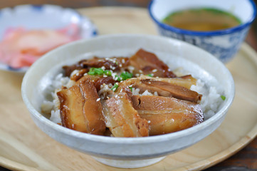 rice topped with pork or pork stew, Japanese food