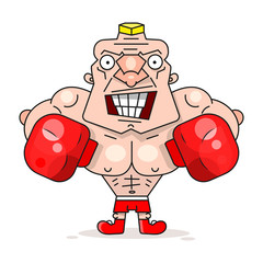 Smiling Caucasian White Boxer In Red Boxing Gloves Training During Fitness Workout. Male Boxer Exercising In Boxing Gloves. Vector Cartoon Illustration Isolated On White Background.