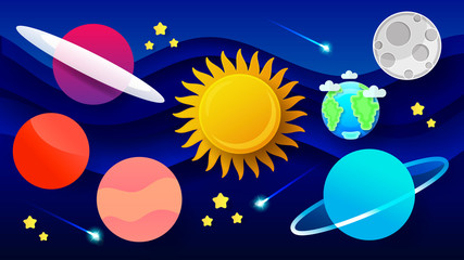 Space Flat Vector Background With Rocket, Spaceship, Moon, Planets .