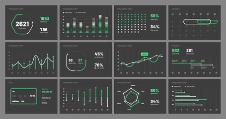 Elements of infographics on a black background. Use in presentation templates, flyer, leaflet and corporate report. Dashboard UI and UX Kit with big data visualization.