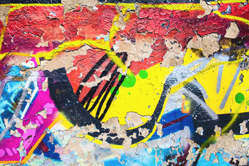 Closeup of damaged abstract colorful wall texture