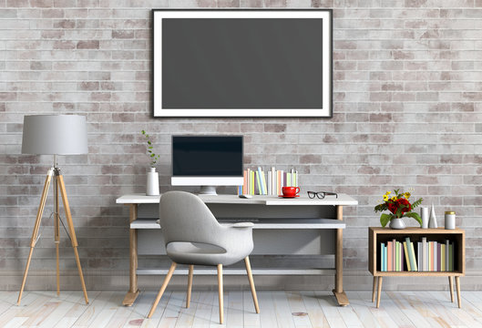 3D render interior living room workspace with sofa, desktop computer and mockup blank poster