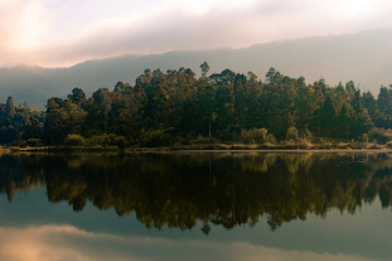 Beautiful reflection at Telaga Warna lake with plants surrounding it in sunny day