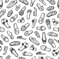 Slippers Seamless pattern. Shoes Vector background. Hand drawn doodle female, male and children's House Slippers