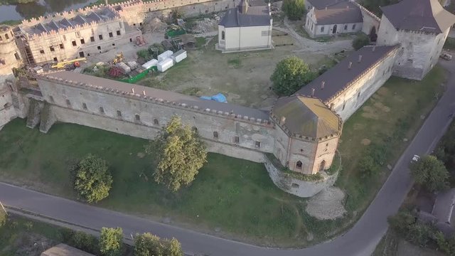 Aerial to Medzhybizh Castle and Church of St. Nicholas, one of the strongest fortres of the Crown of the Kingdom of Poland in Podolia. It is situated at confluence of Southern Bug rivers, Ukraine