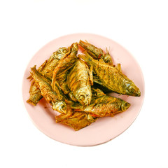 Fried fish Delicious on plate of pink plastic isolated on white background