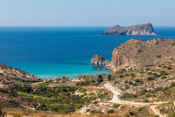 Fototapeta na wymiar Plathiena beach with cliffs and vegetation
