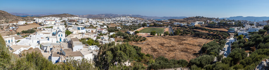 Panorama with Houses, church and buildings in Plaka village