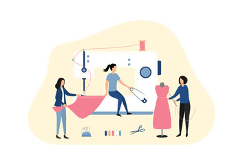 The concept of tailoring fashionable clothes. Fashion designer and seamstresses sew a dress for the customer. Sewing machine, mannequin, needle and thread, pin, scissors. Vector flat illustration.