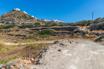 Dirty road with rocks and vegetation and Plaka village in background