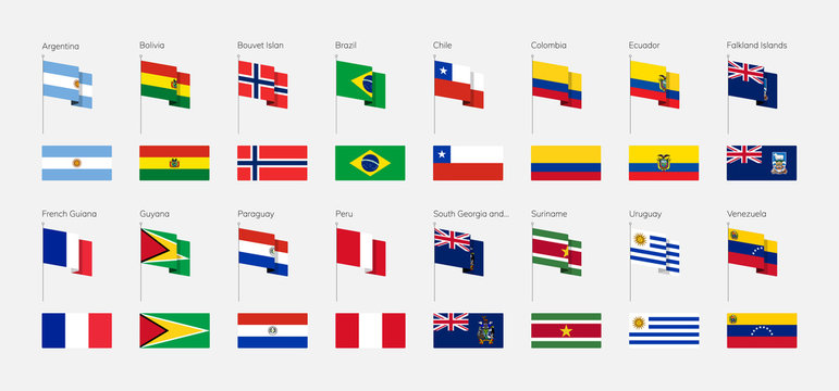 Countries of South America according to the UN classification. Set of flags.