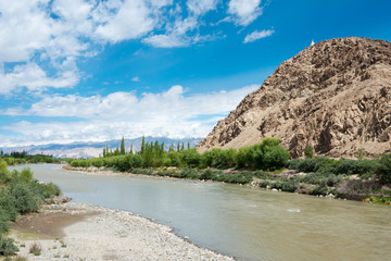 Ladakh, India - Jul 06 2019 - Indus River view from Stakna Village in Ladakh, Jammu and Kashmir, India.
