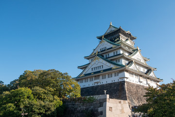 Osaka Castle in Osaka with autumn leaves. Japan Travel Concept