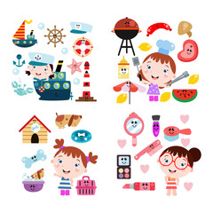 Little Girl Activity Cute Cartoon. Kids. Children Compilation Set with tool Vector Template Design Illustration