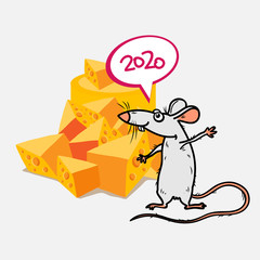 Year of the white rat. Mouse, rodent, rat with a large piece of cheese. 2020. Vector illustration.
