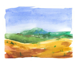 Watercolor illustration with landscape field. Nature background. Organic farms. Eco growing. Agriculture
