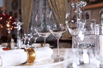 Empty glass fuquers. The napkin is out of focus. The concept of celebration and fun.